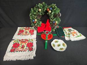 lot 240 image: Assorted Vintage Christmas Decor and Linens, Wreath, Towels, and Dishes