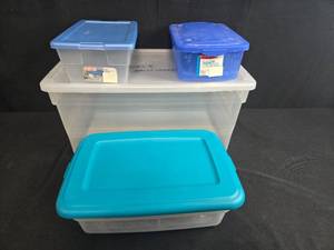 lot 245 image: Set of 4 Assorted Storage Totes Sterilite Rubbermaid Sorbet