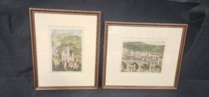 lot 250 image: Set of 2 Framed Hand-Colored Prints by Emil Grimminger - Heidelberg and Neuschwanstein Castle