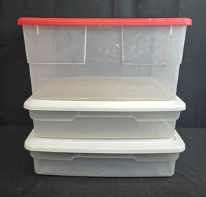 lot 267 image: Set of 3 Plastic Storage Boxes with Lids, 56 Quart Capacity