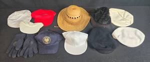 lot 277 image: Collection of Mixed Hats and Gloves Including Caps, Berets, and Straw Hat