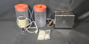 lot 281 image: Vintage Kitchen Appliance Lot Toastmaster Toaster, SEB Minichop Chopper, 2 Pitchers