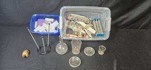 lot 287 image: Assorted Science Lab Glassware, Test Tube Racks, and Stone Turtle Figurine