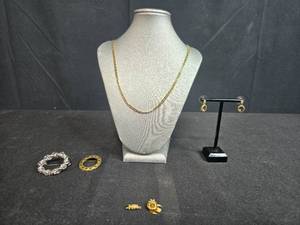 lot 311 image: Fashion Jewelry Collection with Gold-Tone Chain, Earrings, and Brooches - display not inc