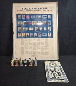 lot 312 image: Black American Commemorative Stamp Collection, Tribute Clock, and Jazz Musician Figurines Set