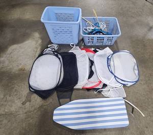 lot 317 image: Laundry Supplies Lot 2 Baskets, Hangers, Mesh Bags, Small Ironing Board