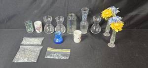 lot 336 image: Collection of Vintage Glass Vases, Royal Bavaria Mug, Pilgrim Pitcher, and Vase Fillers