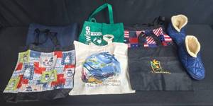 lot 340 image: Collection of Reusable Tote Bags and 1 Pair of Blue Quilted Slippers