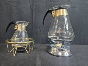 lot 347 image: Vintage Glass Coffee Carafes with Warming Stands - Set of 2