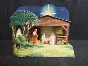 lot 348 image: Vintage Light-Up Nativity Scene (untested) and Mini Wooden Christmas Ornaments Lot