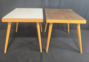 lot 358 image: Pair of Mid-Century Modern Side Tables and Wooden Bench with Pink Seat