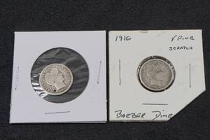 lot 13 image: 2 Barber Silver Dimes - 1906-D & 1916-P
