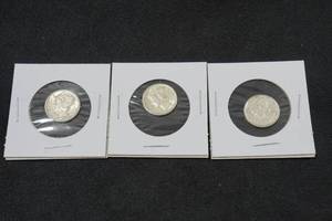 lot 14 image: 3 Mercury Silver Dimes - 1941-D, 1942-D & 1944-D