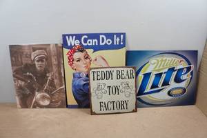 lot 115 image: Assorted Signs - Miller Lite, Teddy Bear Toy Factory, We Can Do it