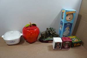 lot 157 image: Corningware Dish with Lid, Apple Cookie Jar, Christmas Ornaments