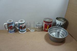 lot 165 image: Antique Containers, Cake Pan, Budweiser Steins
