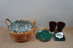 lot 171 image: Holly Lined Longaberger Basket with Leather Handles, Ruby Red Windsor Tumblers, Lefton Plate