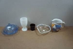 lot 175 image: Glassware - Madrid Covered Butter Dish, Moonstone Opalescent Bowl, Artmark Pitcher