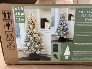 lot 3 image: 4.5ft Pre-Lit Glitter Flocked Potted Artificial Christmas Tree - MSRP $150