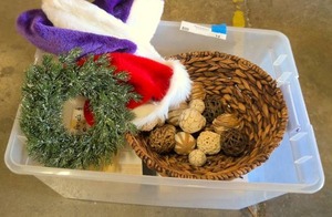 lot 14 image: holiday tote with hats, angels, and basket