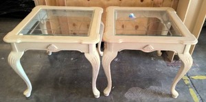 lot 53 image: Pair of white wood with decorative glass tops
