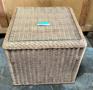 lot 75 image: Wickered end table with glass top