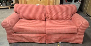 lot 78 image: Red stripped upholstered couch