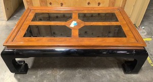 lot 99 image: Two toned wood coffee table with glass inserts