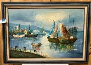 lot 161 image: Blue framed boats and harbour painting  40x32