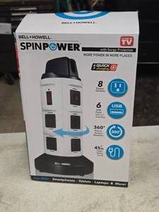 lot 491 image: Bell & Howell Spin Power 360-degree Power Tower - 8 outlet  6 USB  45 Plug (in original packaging)