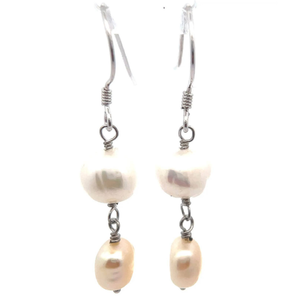 lot 41 image: Double White Freshwater Pearl Artisan Linear Drop Earrings