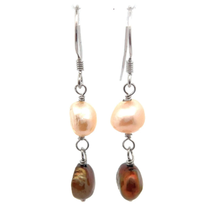 lot 40 image: Copper & Light Peach Baroque Freshwater Pearl Artisan Linear Drop Earrings