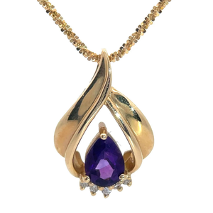 lot 31 image: Amethyst & Natural Diamond Ribbon Halo Pendant Estate Necklace in 14k Yellow Gold VIDEO