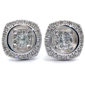 lot 30 image: Natural Diamond Solitaire Raised Halo Semi-Mount Stud Estate Earrings in White Gold VIDEO