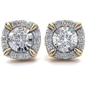 lot 28 image: NEW 0.60 Carat Natural Diamond Pav Halo Stud Earrings in Yellow Gold VIDEO