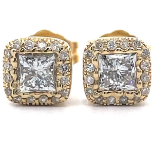 lot 26 image: NEW 0.75 Carat Natural Diamond Princess Halo Stud Earrings in 14k Yellow Gold Retail $2,495 VIDEO