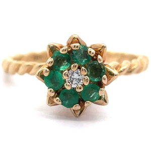 lot 24 image: Natural Emerald & Natural Diamond Flower Twisted Rope Ring in 14k Yellow Gold VIDEO