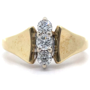 lot 23 image: 0.60 Carat Natural Diamond Three-Stone Retro-Mod Estate Ring in 14k Yellow Gold VIDEO