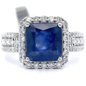 lot 20E image: 4.39 Carat Natural Blue Sapphire & Natural Diamond Halo Cathedral Ring in Platinum w GIA Report VIDEO