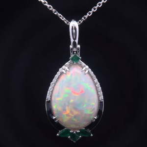 lot 20D image: 14.30 Carat White Opal, Natural Diamond & Emerald Pear Drop Pendant Necklace in Platinum w Report VIDEO