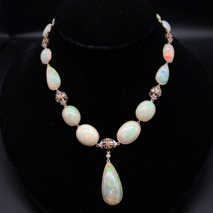 lot 20C image: STUNNING 87.30 Carat Natural Sapphire, Diamond & Opal Y-Necklace w 14k Gold  Report