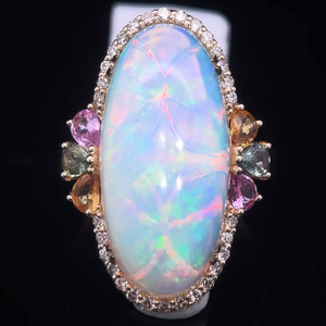 lot 20B image: 10.25 Carat Natural Opal, Diamond & Sapphire Elongated Ring in 14k Yellow Gold $7,450 Appraisal Included VIDEO