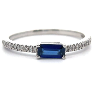 lot 19 image: 0.10 Carat Blue Sapphire Baguette & Pav Diamond Stacking Ring in 14k White Gold VIDEO