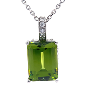 lot 12 image: 24.25 Carat Emerald Cut Green Stone & Pav Diamond Pendant Necklace in 14k White Gold VIDEO