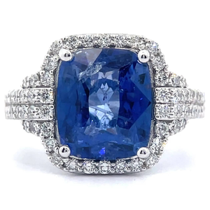 lot 10F image: 5.51 Carat Natural Ceylon Sapphire & Natural Diamond Halo Ring in Platinum w GIA Report VIDEO