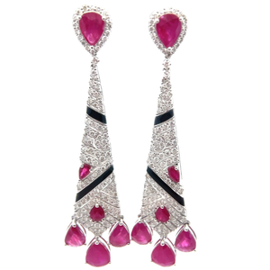 lot 10E image: 14.15 Carat Natural Burmese Ruby & Natural Diamond Briolette Drop Earrings in Platinum w GIA Report VIDEO