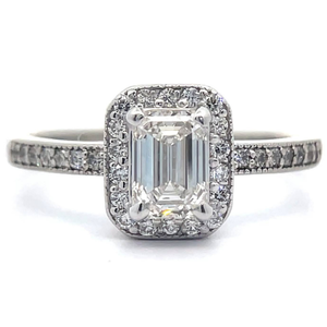 lot 10 image: 1 Carat Emerald Cut Natural Diamond Pav Halo Ring in Palladium VIDEO