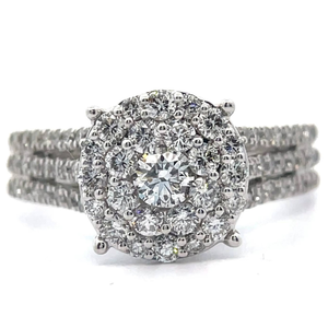 lot 9 image: 1.25 Carat Pav Natural Diamond Double Halo Triple Band Ring in 14k White Gold VIDEO