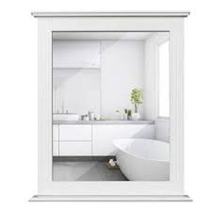 lot 56 image: 22.5 in. W x 27 in. H Rectangular Framed Wall Mount Multipurpose Bathroom Vanity Mirror with Shelf in White Customer Returns See Pictures