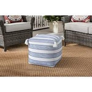 lot 61 image: Hampton Bay 18 in. x 18 in. x 18 in. White and Blue Square Outdoor Pouf with Tassel  Customer Returns See Pictures
